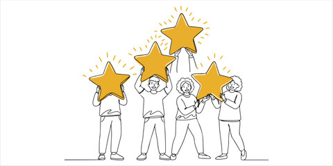 people holding big golden stars continuous single line art drawing sketch on white background