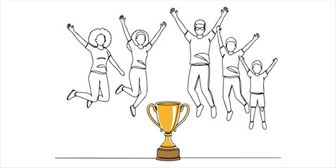 people jumping for joy in front of a large golden cup continuous single line art drawing sketch on white background