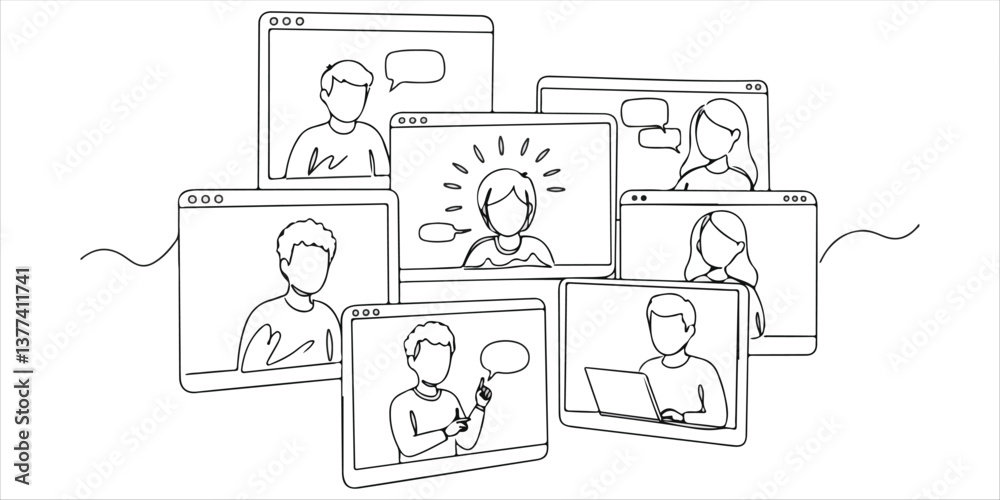 Wall mural people in web windows discussing an idea continuous single line art drawing sketch on white backgrou