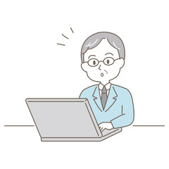 ミドル〜シニア世代、小ぎれいな男性のビジネスシーン、シンプルかわいい線タイプ（気付く・白背景）
