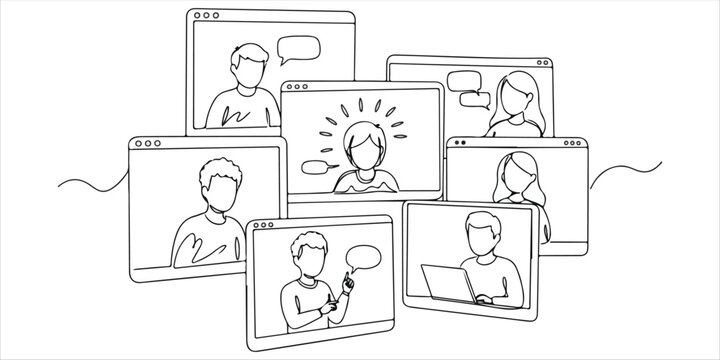 people in web windows discussing an idea continuous single line art drawing sketch on white background