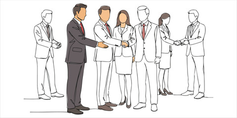 Several pairs of individuals from diverse national backgrounds, dressed in professional business attire, exchange handshakes in a formal setting. Their interaction symbolizes collaboration.