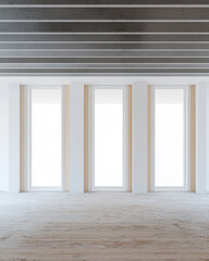 Fototapeta premium Bright and spacious interior with large windows and wooden flooring in modern design