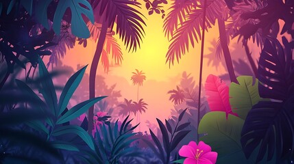 Tropical sunset with lush jungle.
