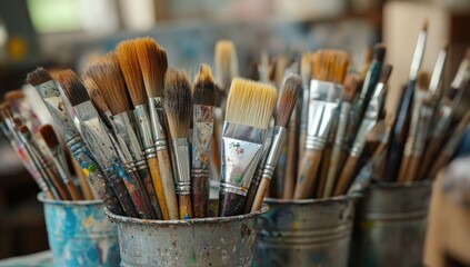 Variety of paintbrushes in metal containers