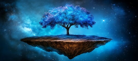 A divine tree standing alone on a floating island, its branches covered in luminescent blossoms under a celestial sky