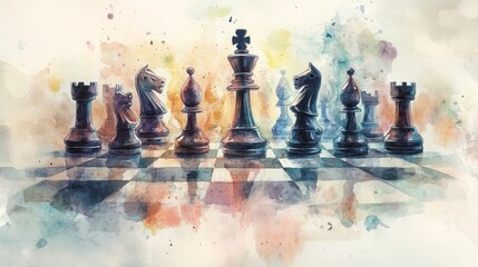 Abstract watercolor chess set with vibrant colors and shadows
