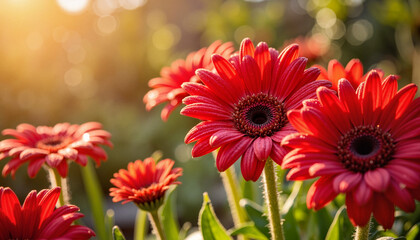 Red gerberas blooming in morning light, serene nature beauty