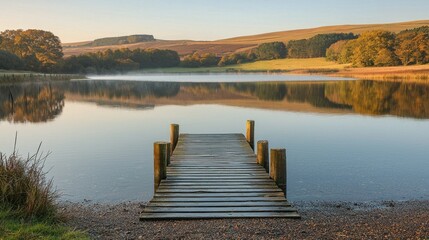 Fototapeta premium Tranquil autumnal lake dock at sunrise