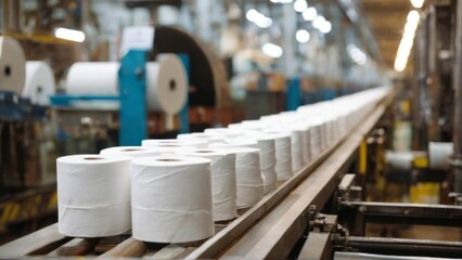 Industrial Factory Conveyor Belt with White Rolls of Toilet Paper in Row, WellMaintained Facility with Bright Lighting