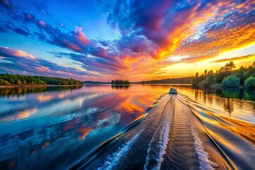 Obraz premium A boat is traveling down a river with a beautiful sunset in the background