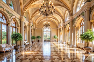 Fototapeta premium A large, open room with a chandelier hanging from the ceiling