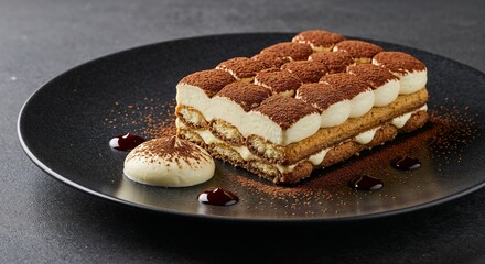 Classic Tiramisu Cake slice with cocoa dusting for Italian restaurant websites, dessert menus, food blogs, catering portfolios, and coffee shop promotional materials