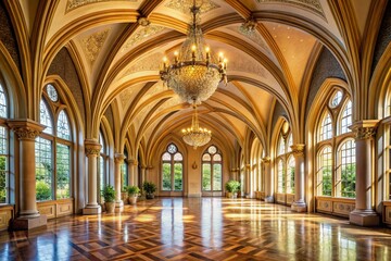 A large, open room with a chandelier hanging from the ceiling
