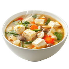 A bowl of hot Chinese wonton soup with delicate dumplings on transparent background