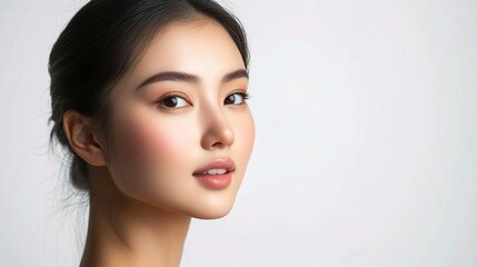 Naklejka premium Young Asian Woman with Flawless Skin Against a White Background