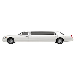 Elegant white limousine with tinted windows, isolated on transparent background