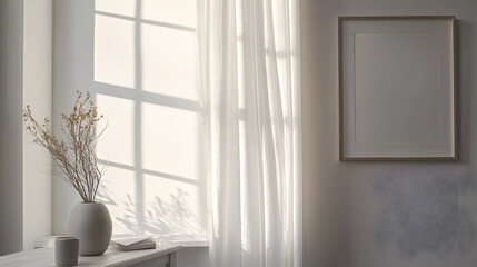 Soft curtain light across minimalist wallpaper modern wall art bright room serene environment cozy viewpoint