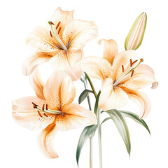 Fototapeta premium Vintage watercolor lily bouquet with peach flowers, elegant botanical floral illustration, soft pastel lilies for wedding stationery and greeting cards isolated PNG with Transparent Background