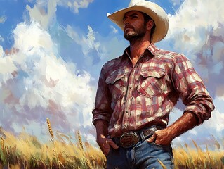 Handsome farmer dressed as a cowboy standing in a field, oil painting illustration
