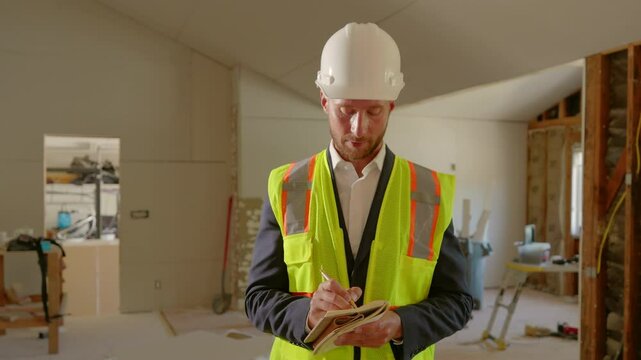 Professional engineer, wearing a safety helmet and reflective vest, inspects a busy construction site, taking notes with a notepad for thorough documentation to ensure everything is in order
