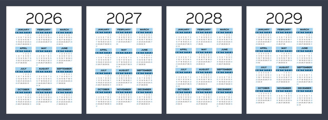 2026, 2027, 2028 and 2029 year calendar set. Color vector pocket calender design. Week starts on Sunday