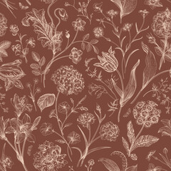 A sophisticated vintage-inspired botanical pattern featuring intricately hand-drawn floral elements in a delicate etching style.