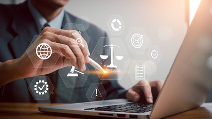 Compliance in business concept. Laws concept. Enforce laws, regulations and standards, comply with...