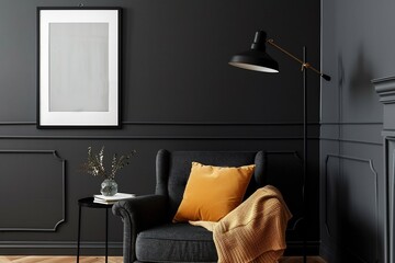 Dark, stylish corner seating area with muted tones