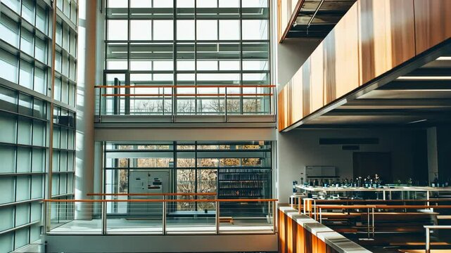 Modern architectural design highlights the spacious interior of a contemporary educational facility in daylight