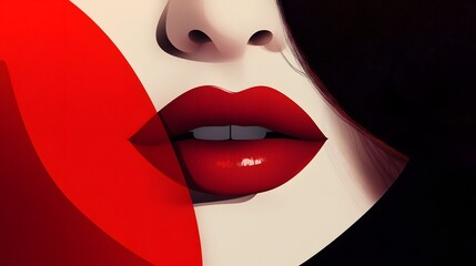 Fototapeta premium Close-up of lips, illustration for an advertising campaign. A woman with long hair, very elegant, with abstract shapes in the background, minimalism
