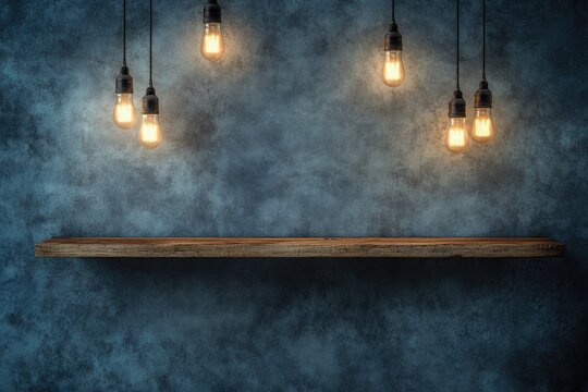 Rustic shelf with Edison bulbs.  A wooden shelf sits against a textured dark blue wall.  Warm, vintage Edison-style bulbs hang from the wall