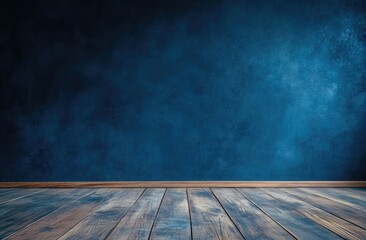 Empty room with dark blue textured wall and wooden floor