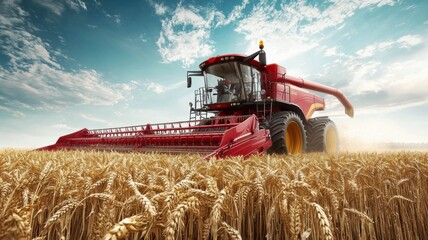 Obraz premium A vibrant red combine harvester working in a golden wheat field under a bright blue sky, showcasing modern agriculture and farming technology.