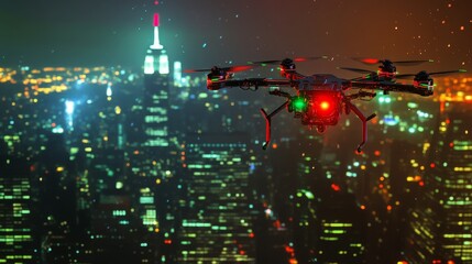 Obraz premium Advanced drone hovering at night in illuminated cityscape with skyscrapers