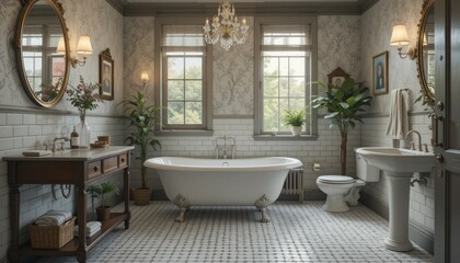 Elegant Vintage Bathroom Interior Design Featuring White Freestanding Bathtub
