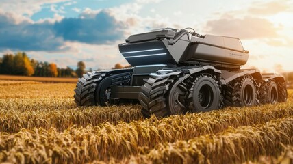 Obraz premium A futuristic agricultural vehicle is positioned in a golden wheat field under a bright sky, showcasing advanced technology in farming.
