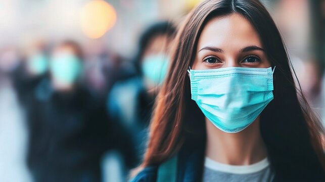 Diverse group of people walking down a busy street wearing masks