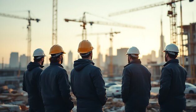 Construction Workers Surveying Building Site at Sunset with Cranes