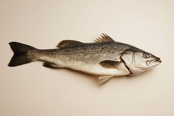 Naklejka premium A single whole raw fish laying on a light colored surface