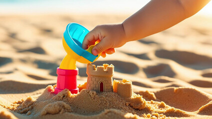 kid built a sand castle by toy on beach