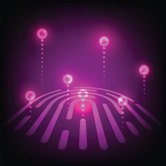 Abstract Purple Network Glowing Data Nodes with Fingerprint Integration
