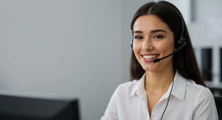 Woman in white shirt and headset smiling at call center. Customer service and professional communication. Business concept for client support and telemarketing industry