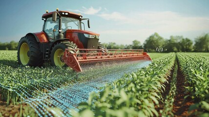 Fototapeta premium A modern tractor operates in a lush green field, utilizing advanced technology for efficient farming and crop management.