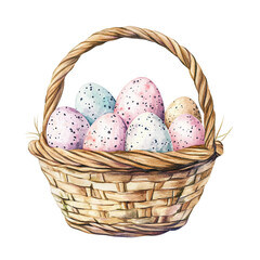 Vintage watercolor Easter basket filled with speckled eggs, isolated on white background