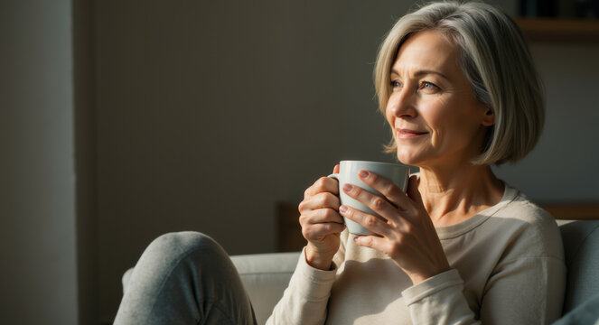 Mature woman holding coffee cup and smiling. Positive aging and contentment concept for senior lifestyle and wellbeing