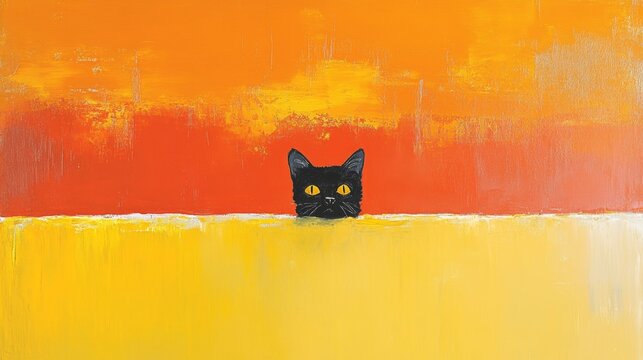 Black cat peeking over wall in vibrant orange and yellow abstract art