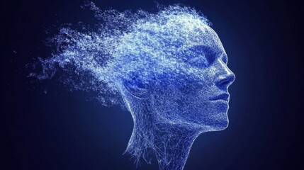 Abstract Blue Digital Head Profile in Particle Form