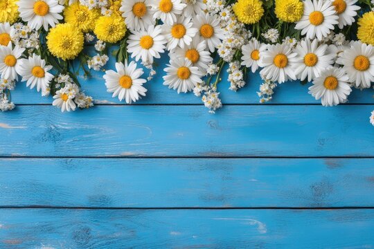 Spring flowers on a rustic wooden backdrop.  A cheerful arrangement of daisies and yellow flowers adorns a weathered blue wooden surface, creating a natural, 