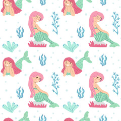 Seamless mermaid pattern with pink-haired mermaids, coral, and seaweed on light background.